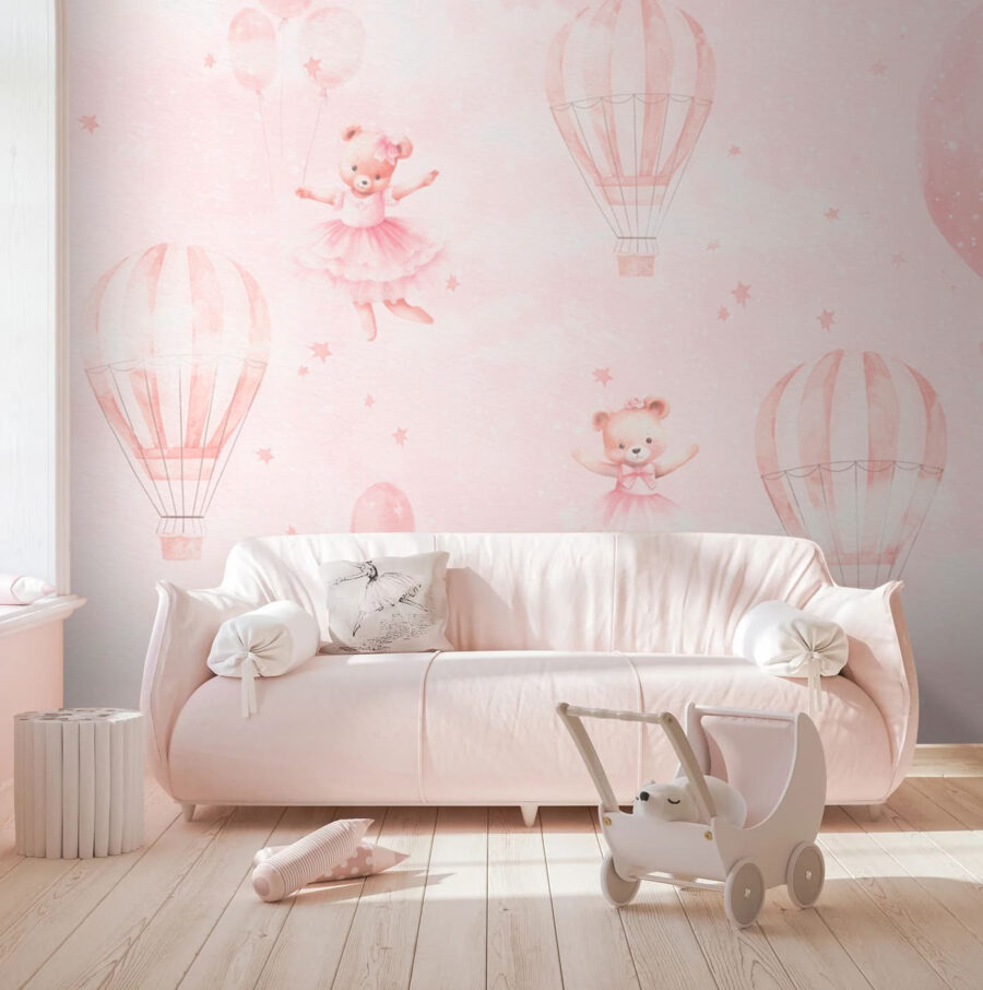 Ein rosa Hintergrund mit Teddybären und Heißluftballons