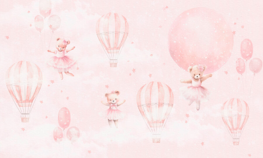 Ein rosa Hintergrund mit Teddybären und Heißluftballons