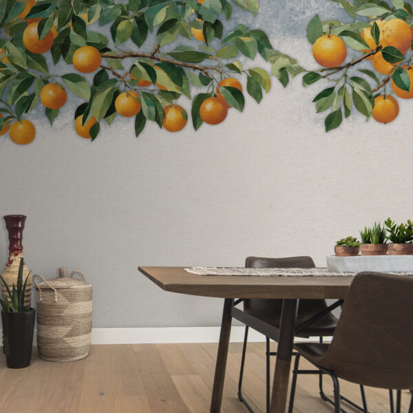 Ein Zweig mit Orangen und Blättern Ein Zweig mit Orangen und Blättern