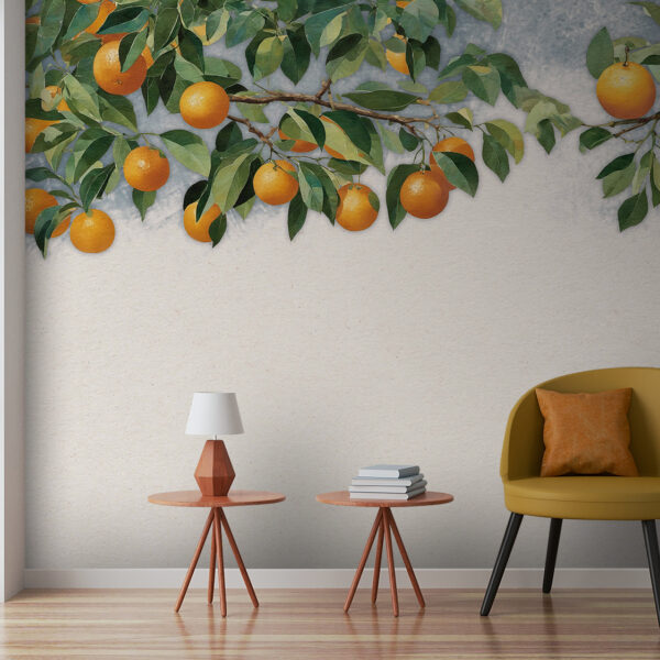 Ein Zweig mit Orangen und Blättern Ein Zweig mit Orangen und Blättern