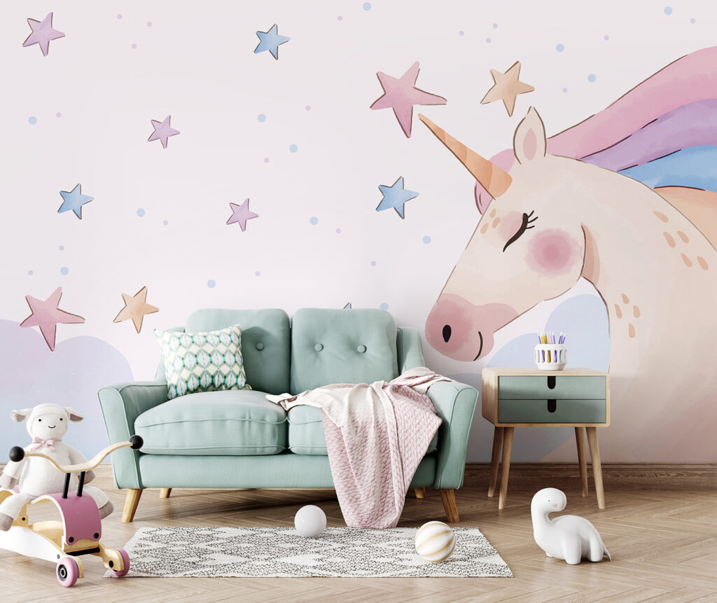 A unicorn with stars and clouds