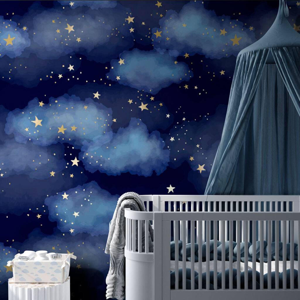 A blue sky with clouds and stars