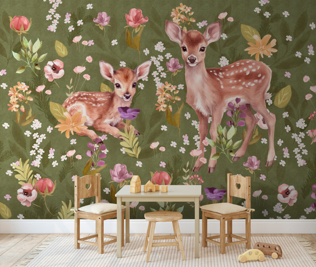 A couple of fawns in a floral field A couple of fawns in a floral field