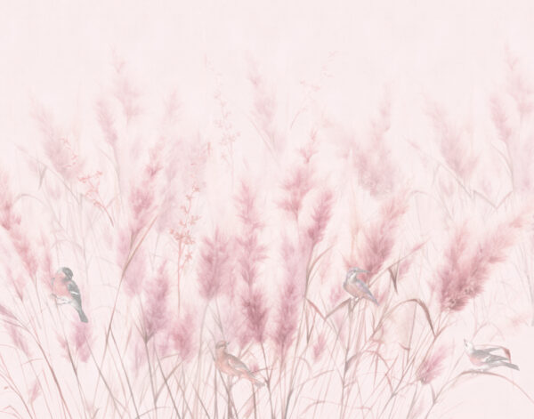 Eine Gruppe von Vögeln in einem Feld mit rosa Gras Eine Gruppe von Vögeln in einem Feld mit rosa Gras