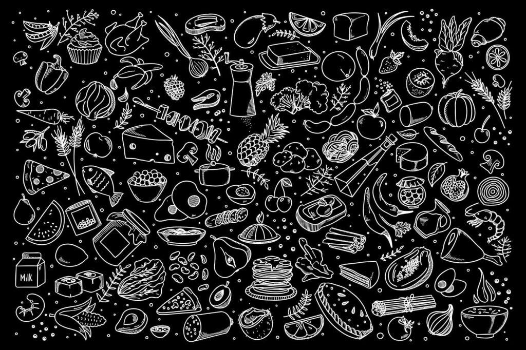 A black and white drawing of food