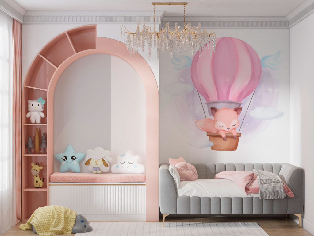 A cartoon fox in a hot air balloon