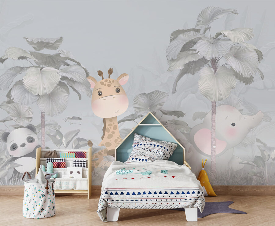 Eine Giraffe und ein Elefant in einem Wald Eine Giraffe und ein Elefant in einem Wald