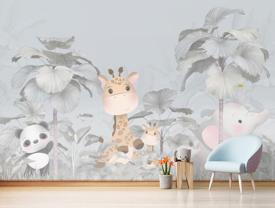 Eine Giraffe und ein Elefant in einem Wald Eine Giraffe und ein Elefant in einem Wald