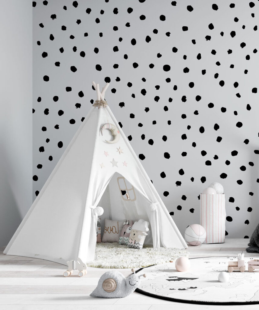 A black and white background with small black dots