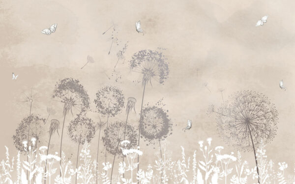 Eine weiße und graue Blume mit Schmetterlingen, die in der Luft fliegen Eine weiße und graue Blume mit Schmetterlingen, die in der Luft fliegen