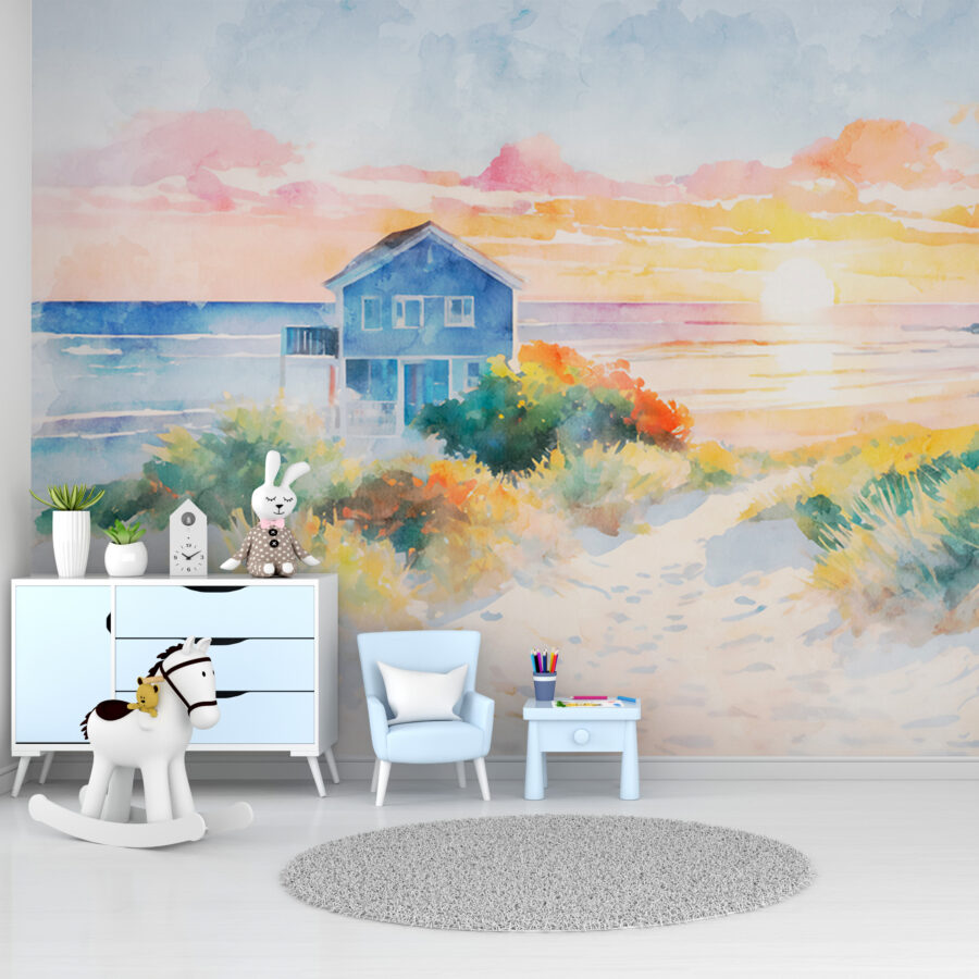 Aquarellmalerei eines Hauses und eines Strandes Aquarellmalerei eines Hauses und eines Strandes