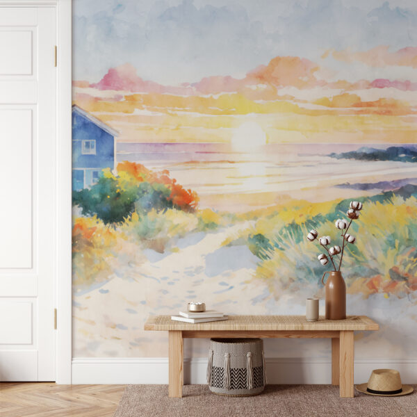 Aquarellmalerei eines Hauses und eines Strandes Aquarellmalerei eines Hauses und eines Strandes