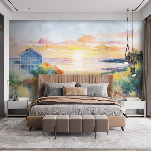 Aquarellmalerei eines Hauses und eines Strandes Aquarellmalerei eines Hauses und eines Strandes