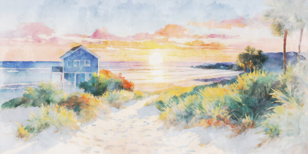 Aquarellmalerei eines Hauses und eines Strandes Aquarellmalerei eines Hauses und eines Strandes