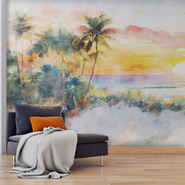 Aquarell eines Strandes mit Palmen und einem Sonnenuntergang Aquarell eines Strandes mit Palmen und einem Sonnenuntergang