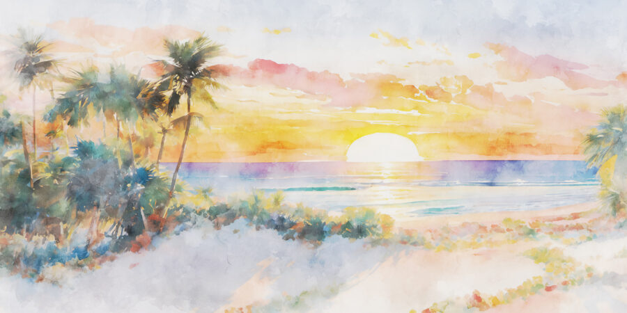 Aquarell eines Strandes mit Palmen und einem Sonnenuntergang