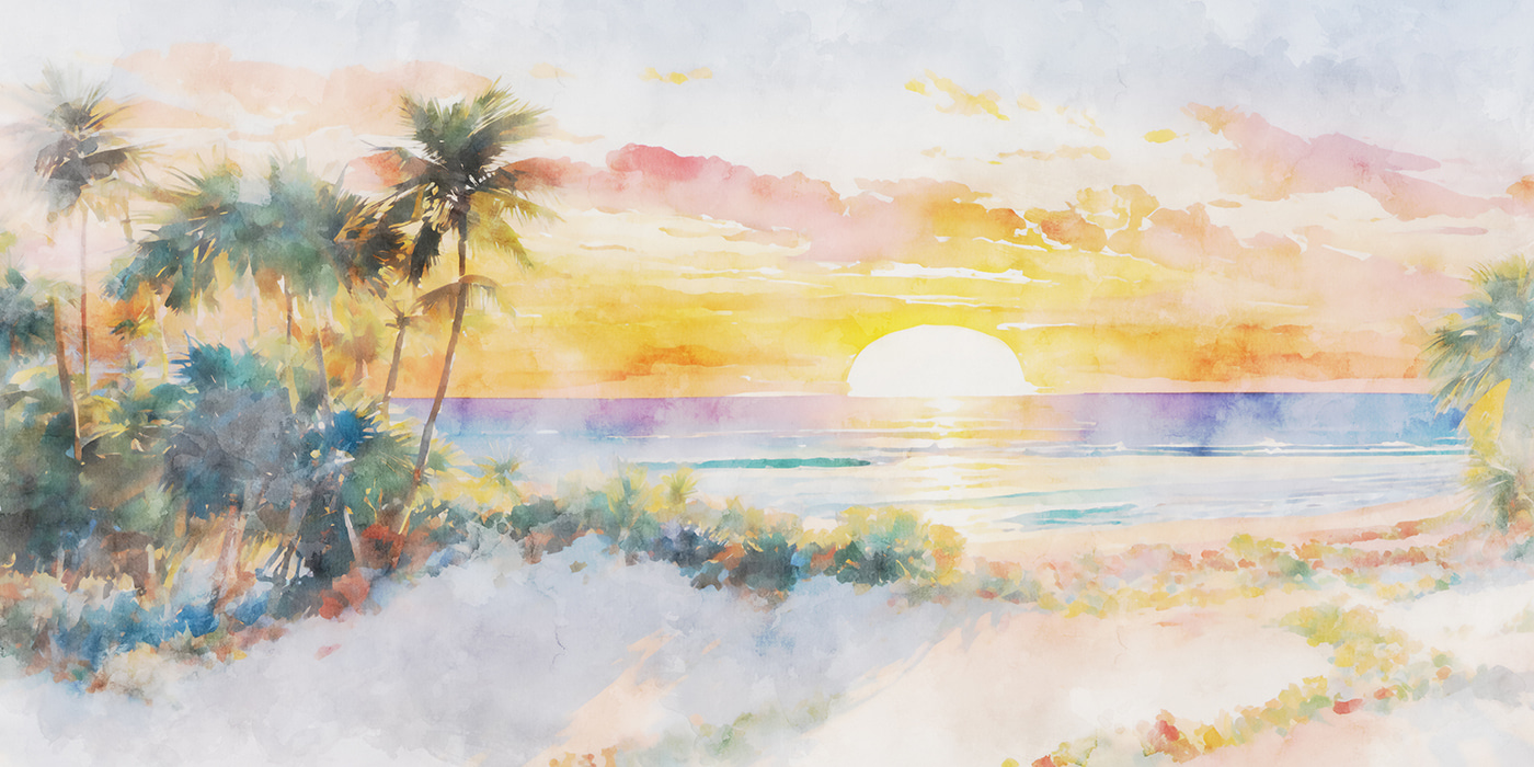 Watercolor painting of a beach with palm trees and a sunset