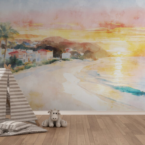 Aquarell eines Strandes mit Häusern und einer Wasserfläche Aquarell eines Strandes mit Häusern und einer Wasserfläche