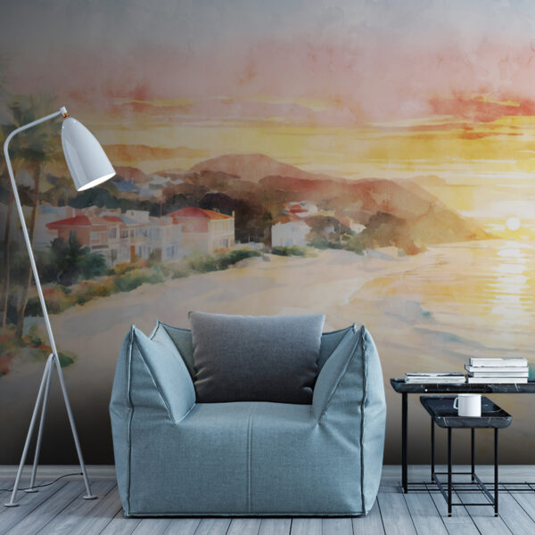 Aquarell eines Strandes mit Häusern und einer Wasserfläche Aquarell eines Strandes mit Häusern und einer Wasserfläche