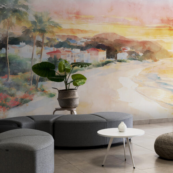 Aquarell eines Strandes mit Häusern und einer Wasserfläche Aquarell eines Strandes mit Häusern und einer Wasserfläche