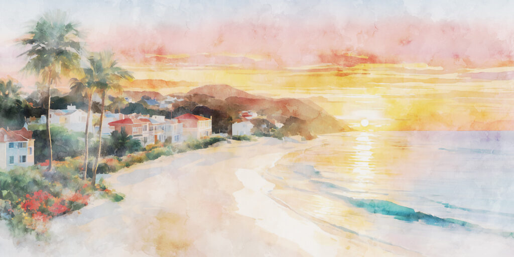 Aquarell eines Strandes mit Häusern und einer Wasserfläche Aquarell eines Strandes mit Häusern und einer Wasserfläche