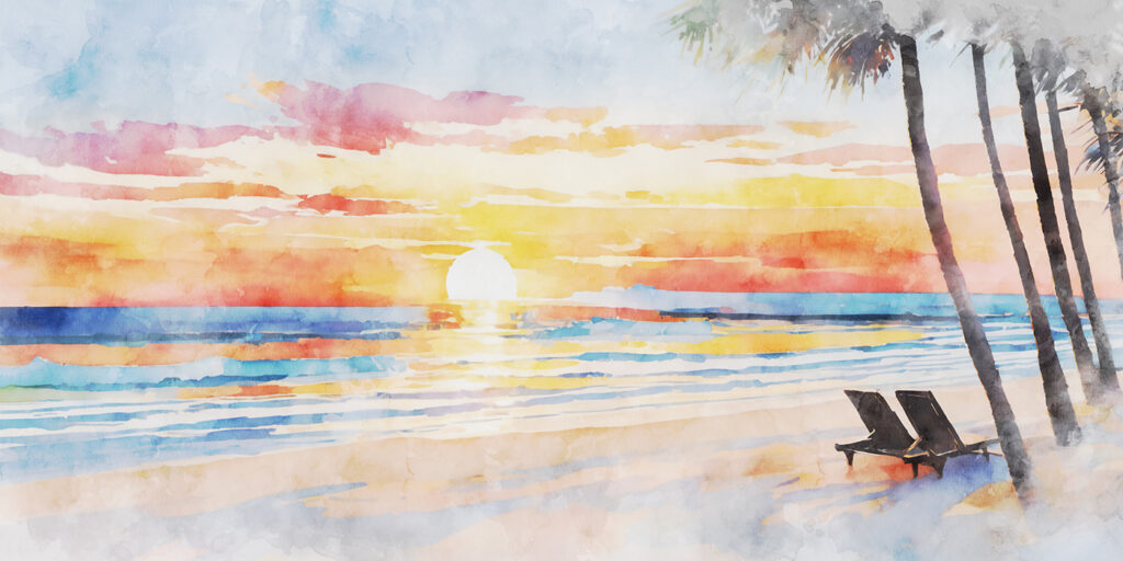 Aquarell eines Strandes mit Sonnenuntergang Aquarell eines Strandes mit Sonnenuntergang