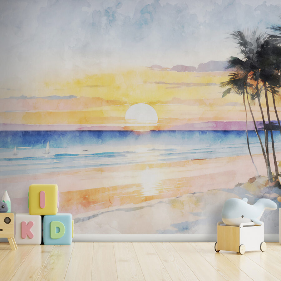 Aquarell eines Strandes mit Palmen und einem Sonnenuntergang