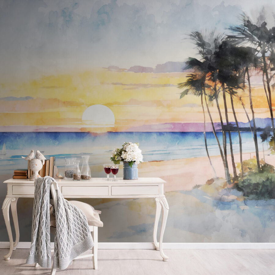 Aquarell eines Strandes mit Palmen und einem Sonnenuntergang
