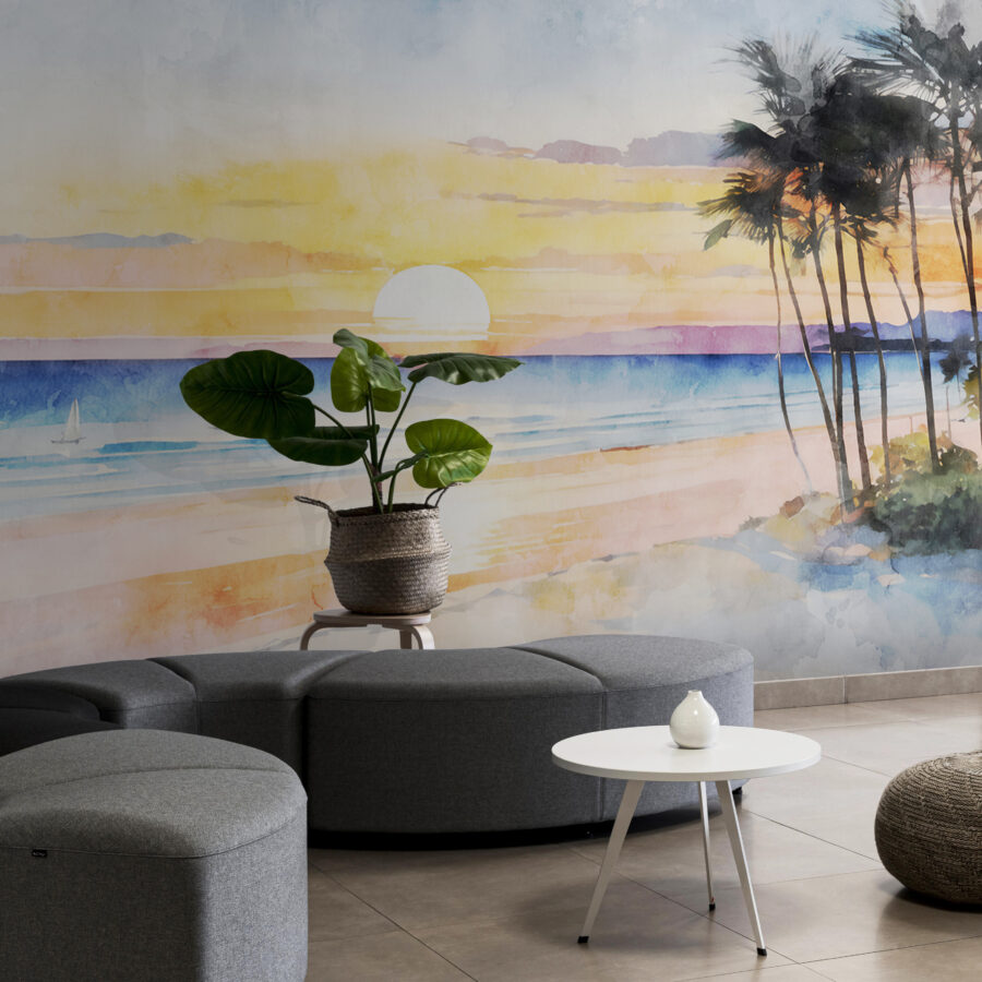 Aquarell eines Strandes mit Palmen und einem Sonnenuntergang