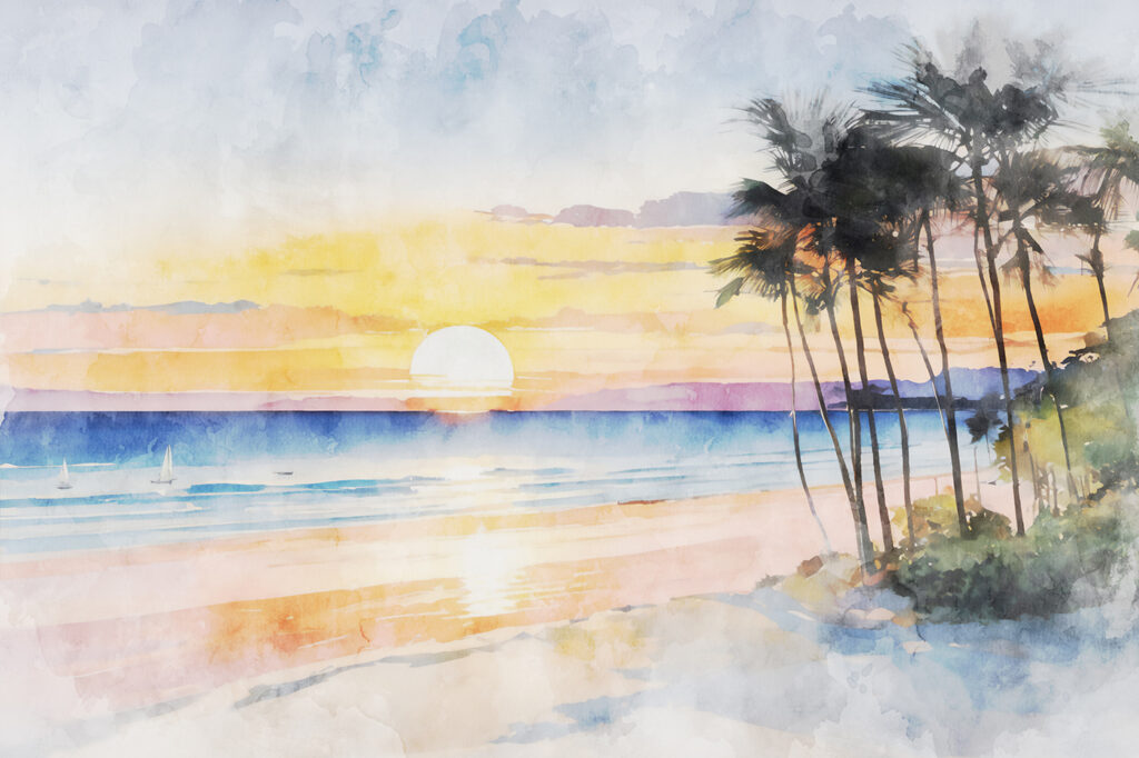 Aquarell eines Strandes mit Palmen und einem Sonnenuntergang Aquarell eines Strandes mit Palmen und einem Sonnenuntergang