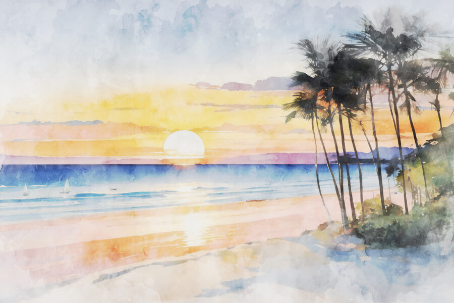 Aquarell eines Strandes mit Palmen und einem Sonnenuntergang