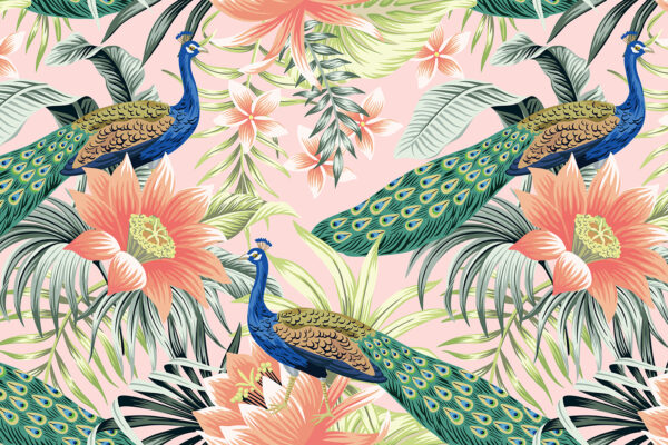 Bunte Pfaue und Blumen Bunte Pfaue und Blumen