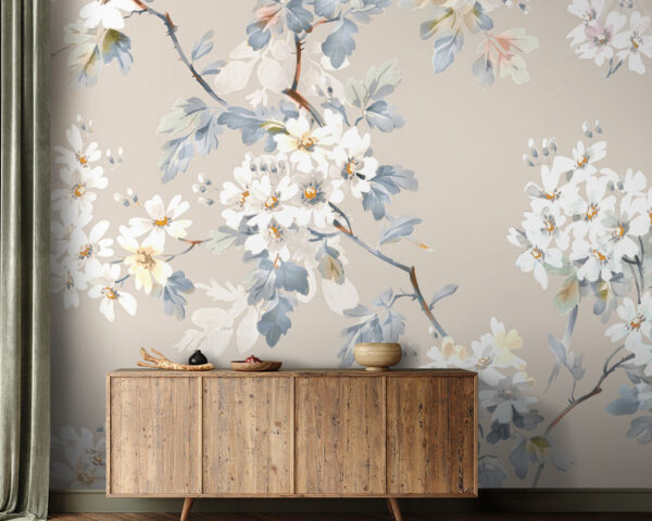 Florales Muster aus weißen Blumen und blauen Blättern Florales Muster aus weißen Blumen und blauen Blättern