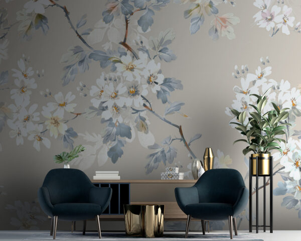 Florales Muster aus weißen Blumen und blauen Blättern Florales Muster aus weißen Blumen und blauen Blättern
