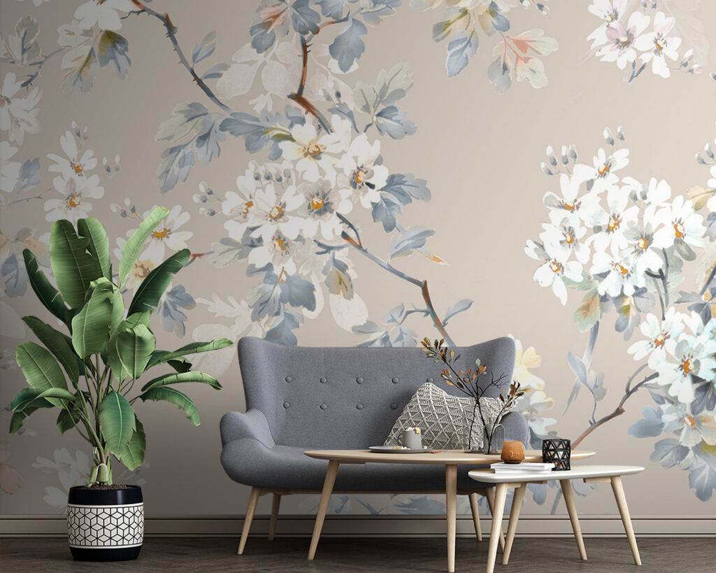 Floral pattern of white flowers and blue leaves