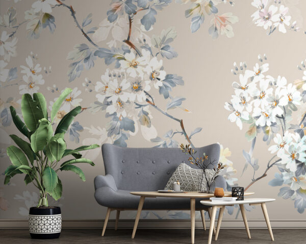 Florales Muster aus weißen Blumen und blauen Blättern Florales Muster aus weißen Blumen und blauen Blättern