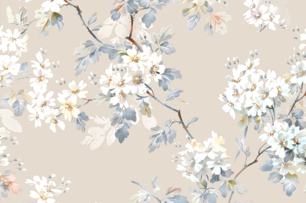 Florales Muster aus weißen Blumen und blauen Blättern Florales Muster aus weißen Blumen und blauen Blättern