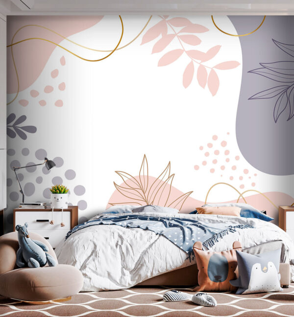 Weißer Hintergrund mit rosa und blau und lila Formen und Blätter Weißer Hintergrund mit rosa und blau und lila Formen und Blätter
