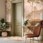 Fototapeten Neblige Landschaft mit Bäumen und Hügeln