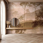 Fototapeten Neblige Landschaft mit Bäumen und Hügeln