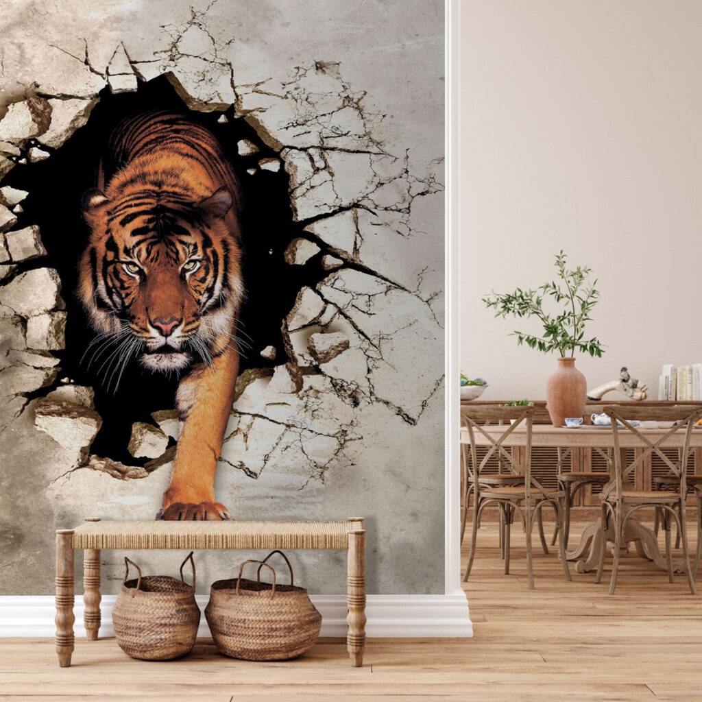Tiger coming out of a hole in a wall Tiger coming out of a hole in a wall