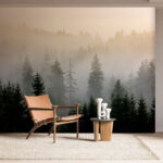 Fototapeten Nebliger Wald mit Bäumen