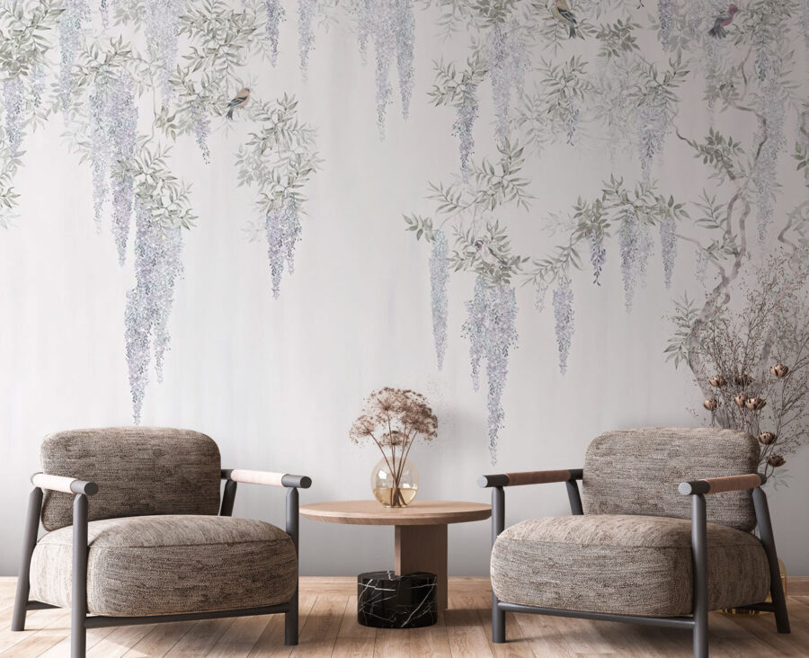 Tapete mit Blumen und Vögeln Tapete mit Blumen und Vögeln