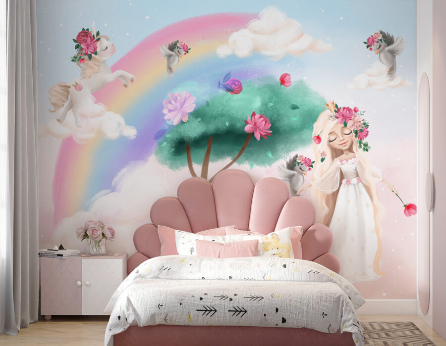 Cartoon eines Mädchens mit Blumen im Haar und einem Regenbogen