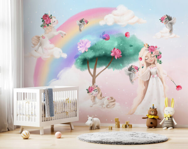 Cartoon eines Mädchens mit Blumen im Haar und einem Regenbogen Cartoon eines Mädchens mit Blumen im Haar und einem Regenbogen