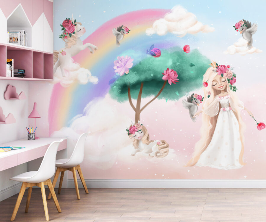 Cartoon eines Mädchens mit Blumen im Haar und einem Regenbogen