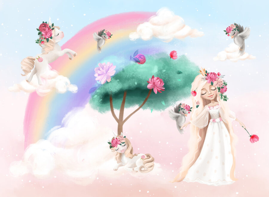 Cartoon eines Mädchens mit Blumen im Haar und einem Regenbogen