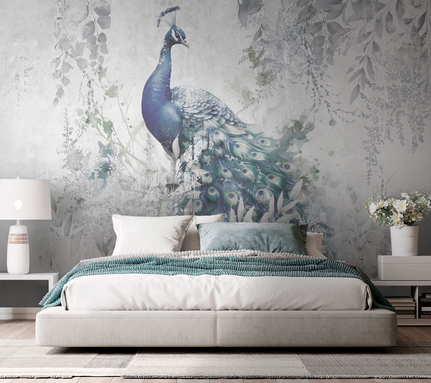 Peacock with feathers on a white background
