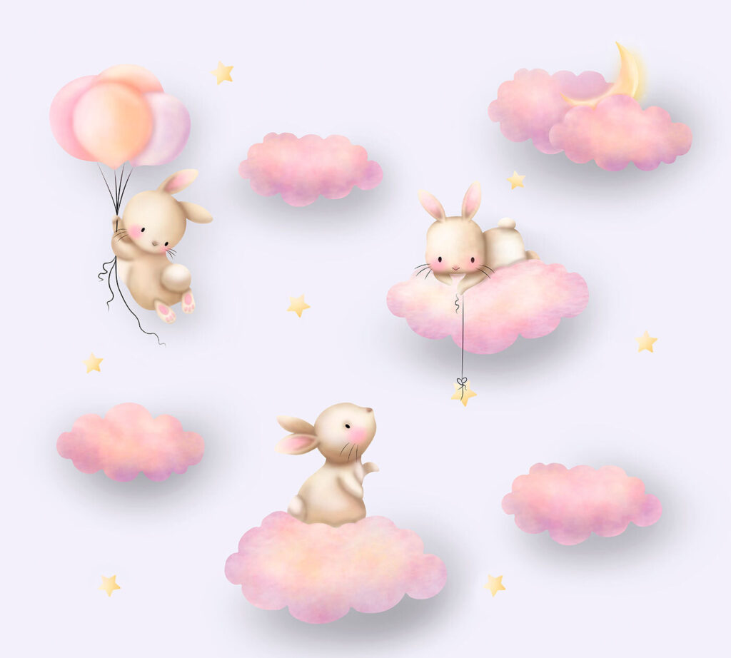Gruppe von Kaninchen auf Wolken Gruppe von Kaninchen auf Wolken