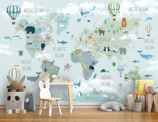 Karte der Welt mit Tieren und Vögeln Karte der Welt mit Tieren und Vögeln